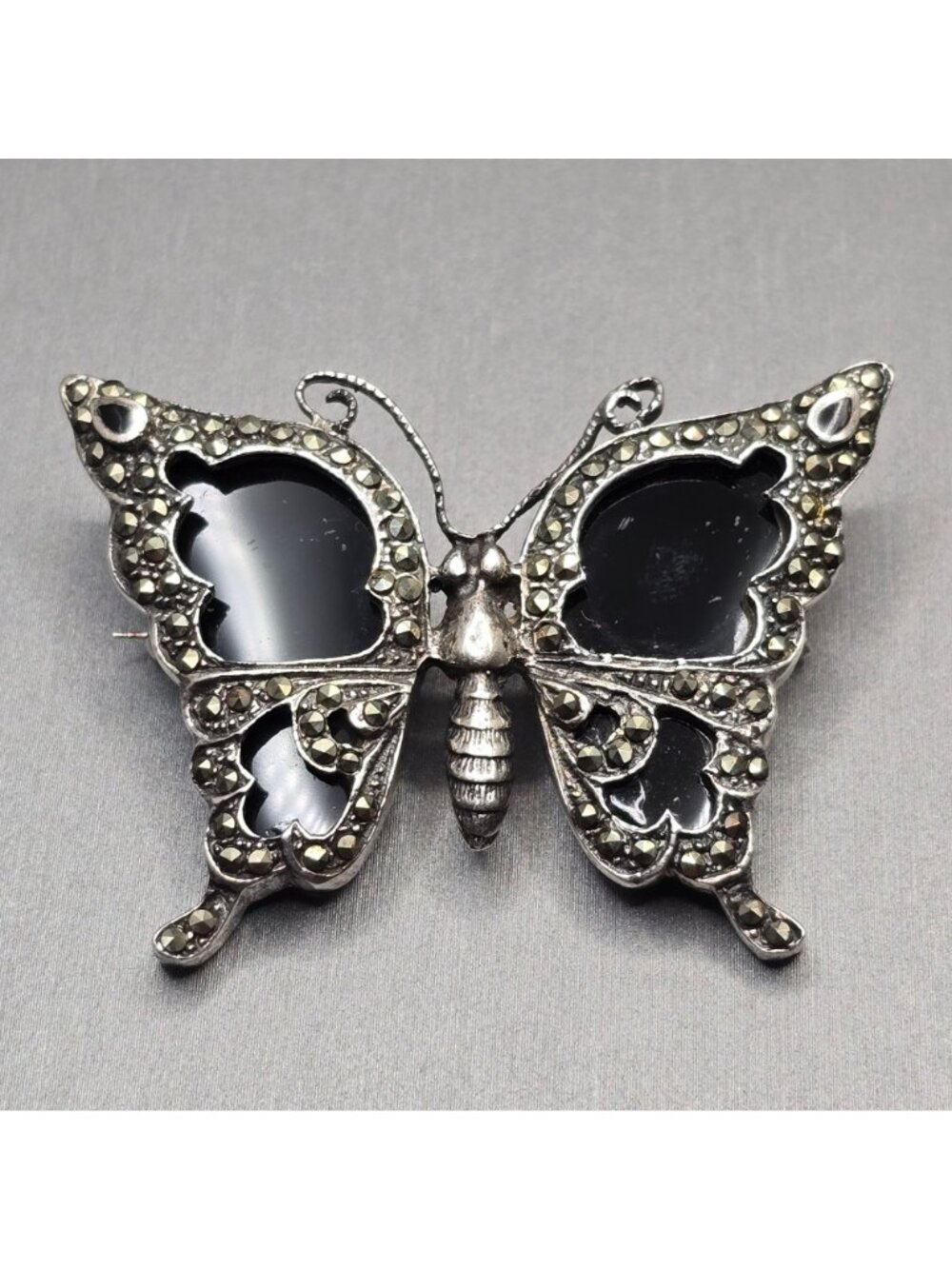 Vintage Sterling Silver Butterfly Brooch 2" Onyx Wings Marcasite Statement Piece - Picture 5 of 11
